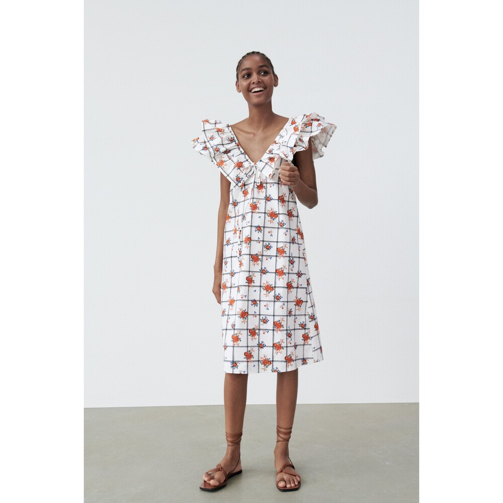 Zara Plaid Floral Print Ruffle Neckline Dress (NWT)